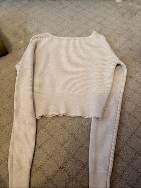 Target Off-the-Shoulder Ribbed Cropped Sweater in Light Beige